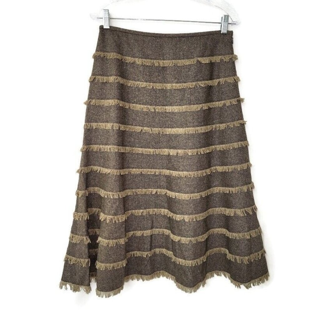 Lafayette 148 Tweed Tiered Fringe Skirt Womens Size 8 Brown/Tan Lined
